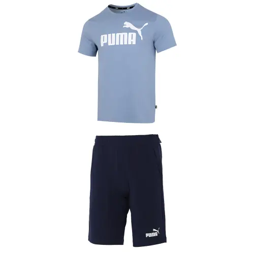 PUMA Casual Sportswear Men's Set Light Blue Top+Blue Shorts Crew Neck Moderate