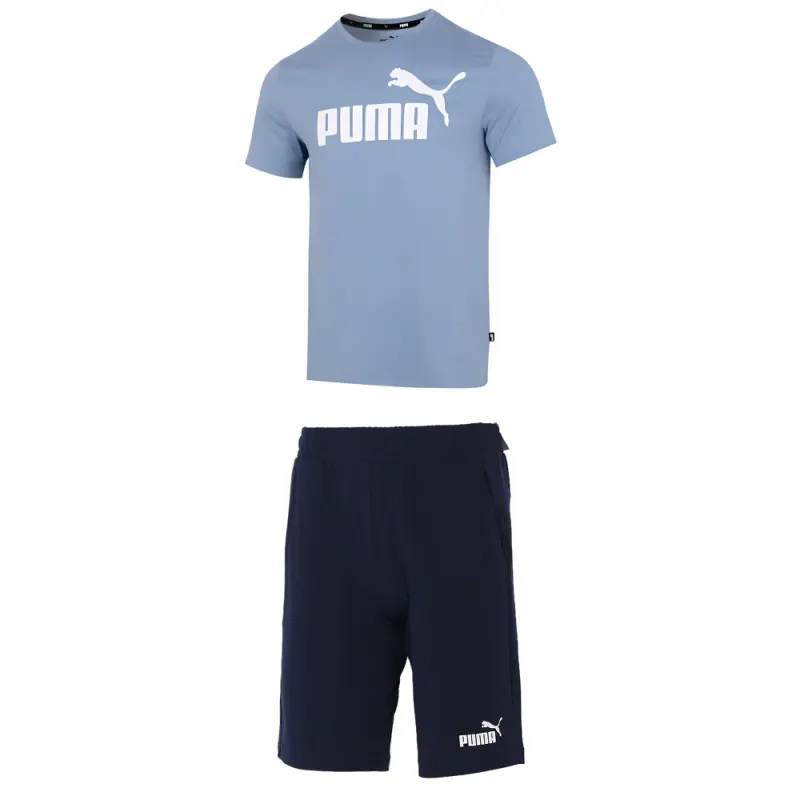 PUMA Casual Sportswear Men's Set Light Blue Top+Blue Shorts Crew Neck Moderate