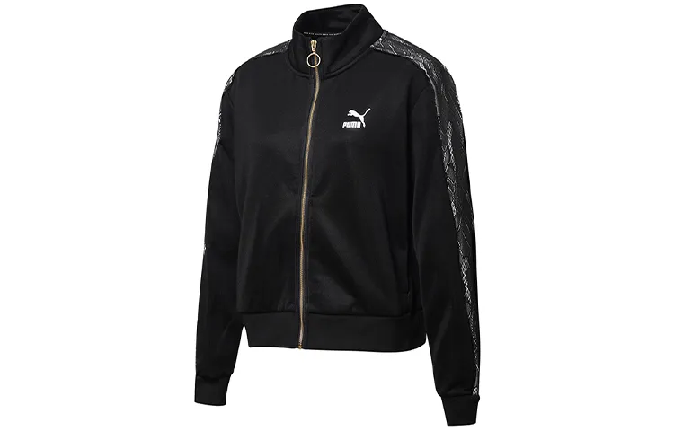 PUMA Luxe Track Top Women's Fleece Lined Thermal Patchwork Stand Collar Knitted Fabric Retro Jackets Women's Black
