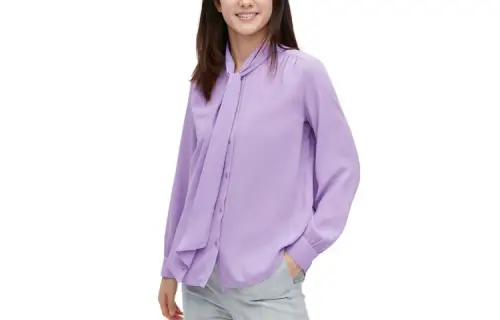 UNIQLO Shirts Women's Light Blue Purple Ribbon Collar Moderate Shirt