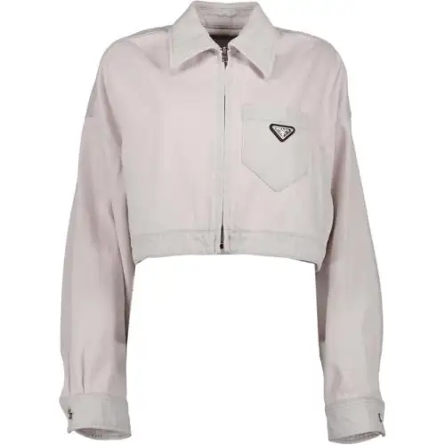 PRADA Logo Plague Cropped Denim Jacket Pink