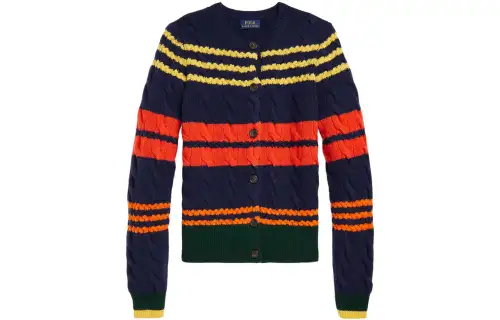 Polo Ralph Lauren FW22 striped stitching round neck single-breasted long-sleeved wool sweater for women, navy blue
