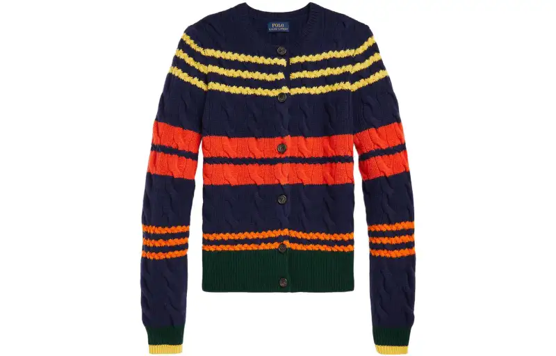 Polo Ralph Lauren FW22 striped stitching round neck single-breasted long-sleeved wool sweater for women, navy blue