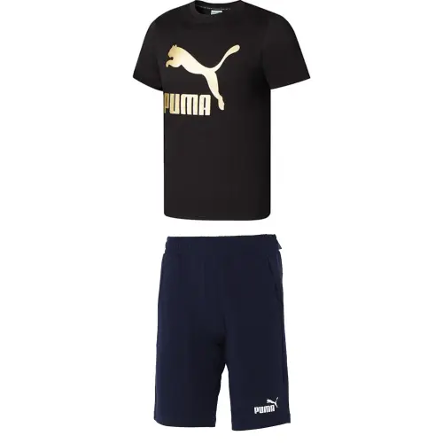 PUMA Casual Sportswear Men's Clothing Set Black Short Sleeved Shirt+Blue Shorts Crew Neck Moderate