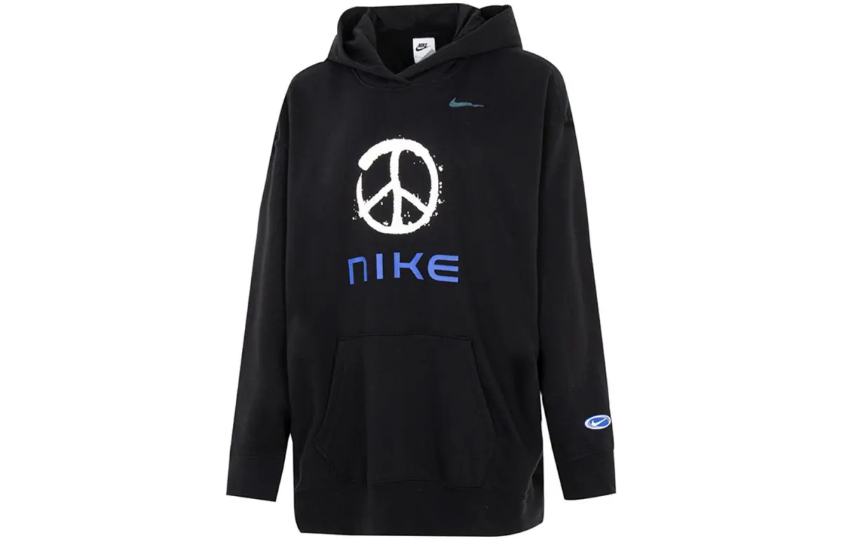 Nike Sportswear Logo Print Hooded Pullover Sweatshirt Black