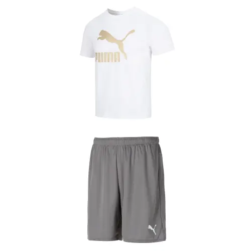 PUMA Casual Sportswear Men's Set White Short Sleeved T Shirt+Gray Shorts Crew Neck Moderate