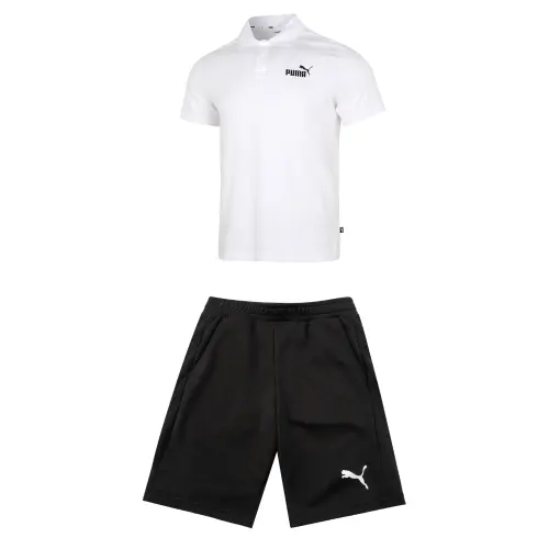 PUMA Casual Sportswear Men's Set White Top+Black Shorts Polo Collar Moderate