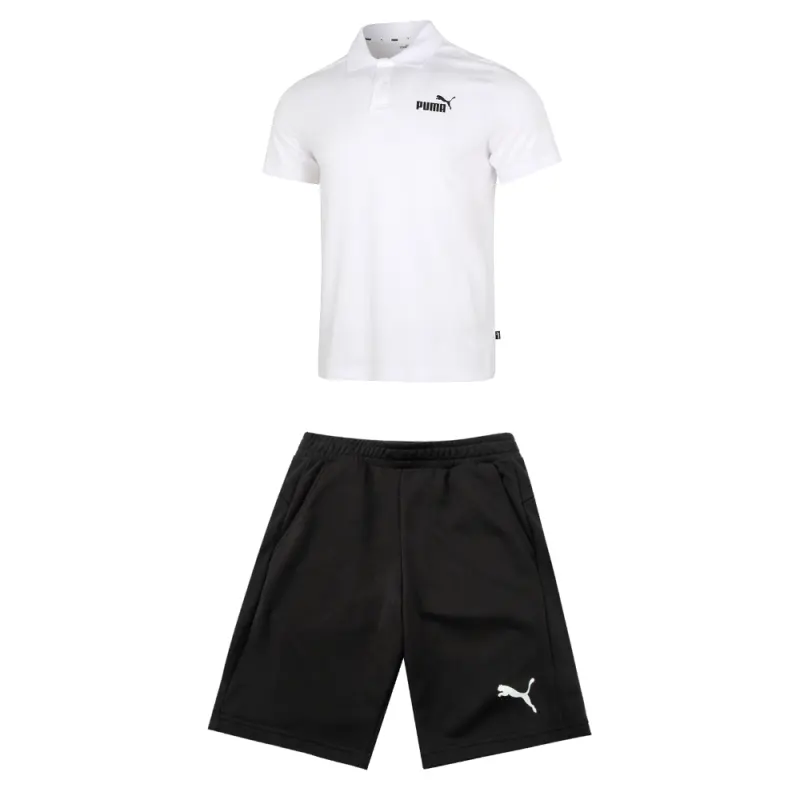 PUMA Casual Sportswear Men's Set White Top+Black Shorts Polo Collar Moderate