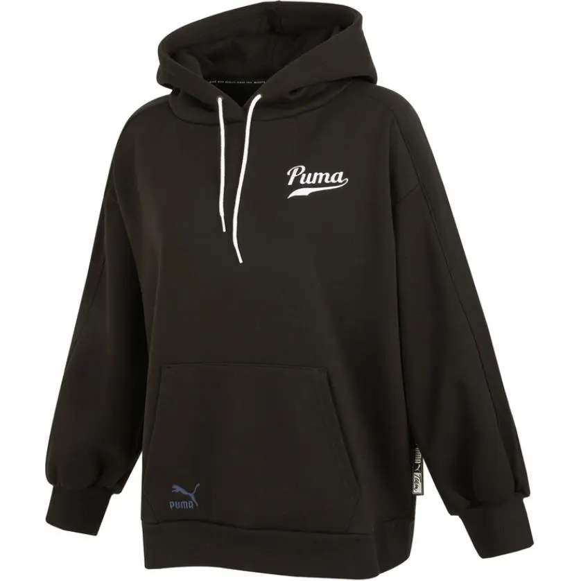 PUMA TEAM Letter Logo Print Fleece Lined Hooded Sweatshirt Women's Black