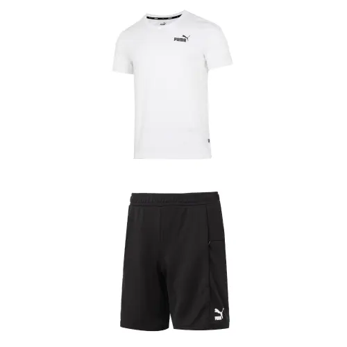 PUMA Casual Sportswear Men's Set White Short Sleeved T Shirt+Black Shorts Crew Neck Moderate