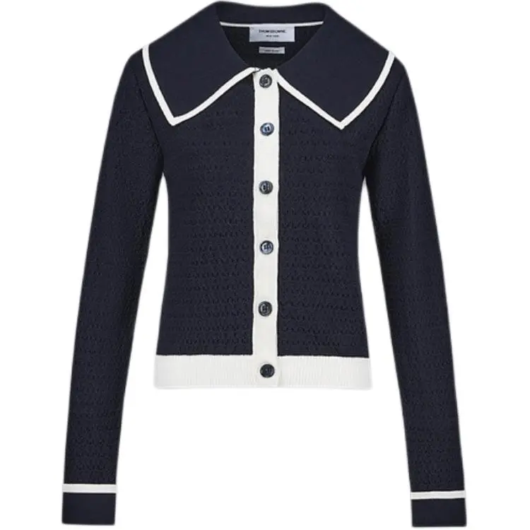 Thom Browne contrasting-trim pointelle-knit cotton cardigan