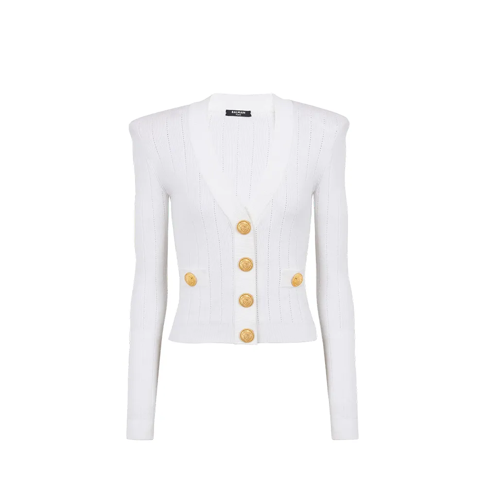 BALMAIN Button Embellished Ribbed Knit Cardigan