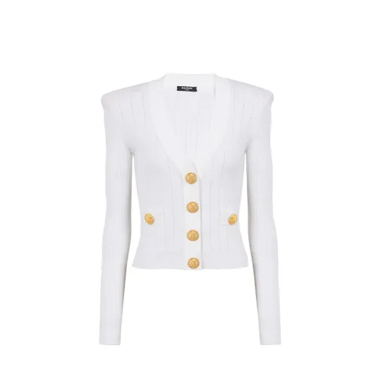 BALMAIN Button Embellished Ribbed Knit Cardigan
