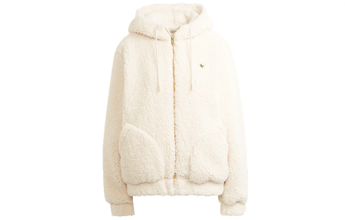 Adidas Originals Sherpa Trefoil, Multi Pocket Loose Fit Thermal Sherpa Hood Jacket Winter Women's Ecru
