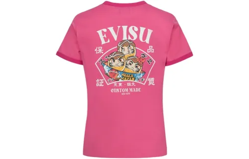 EVISU T Shirts Women's Peach Pink Crew Neck Moderate Nipped In Waist