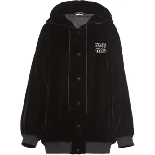 MIU MIU Velvet swan, black hoody, logo embroidery service