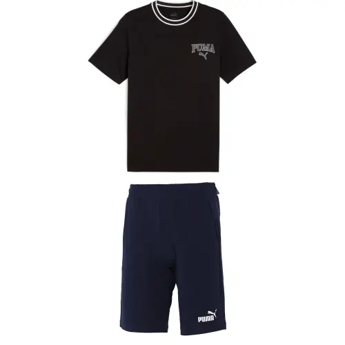 PUMA Casual Sportswear Men's Clothing Set Black Short Sleeved Shirt+Blue Shorts Crew Neck Moderate