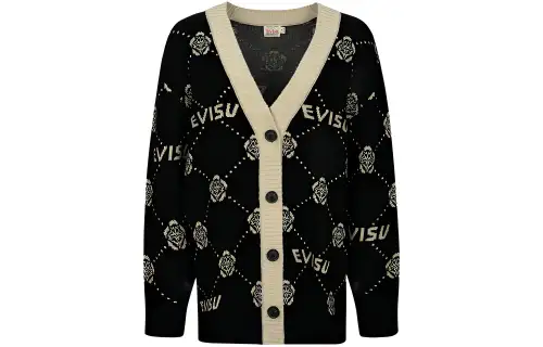EVISU Knitwear Women's Black All Over Print V Neck Moderate Cardigan