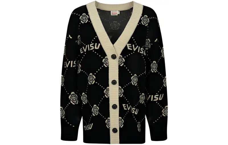 EVISU Knitwear Women's Black All Over Print V Neck Moderate Cardigan
