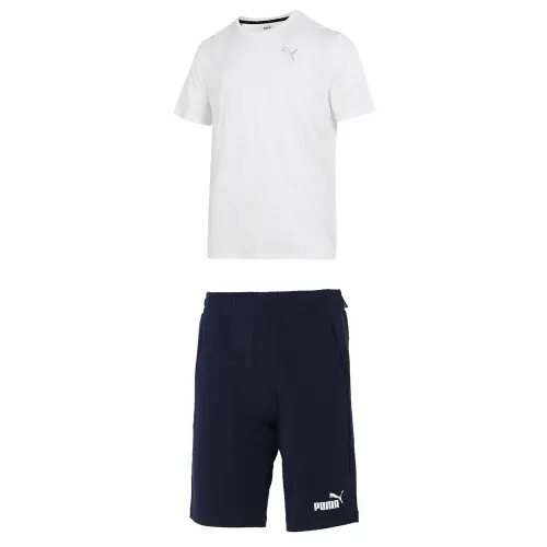 PUMA Casual Sportswear Men's Clothing Set White Top+Blue Shorts Crew Neck Moderate