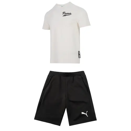 PUMA Casual Sportswear Men's Clothing Sets Ecru Top+Black Shorts Crew Neck Moderate