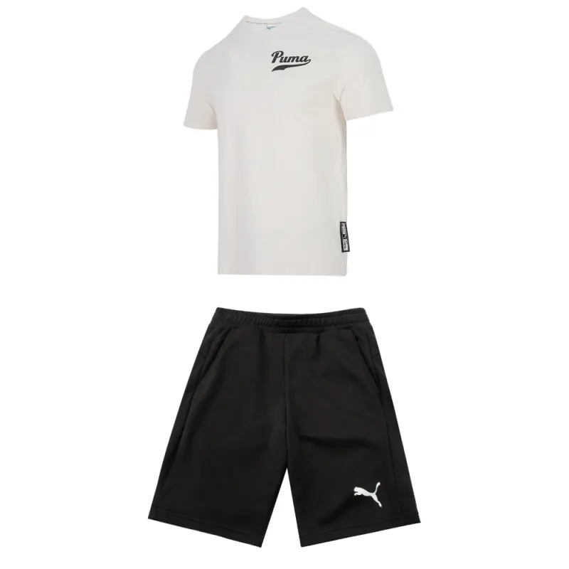 PUMA Casual Sportswear Men's Clothing Sets Ecru Top+Black Shorts Crew Neck Moderate