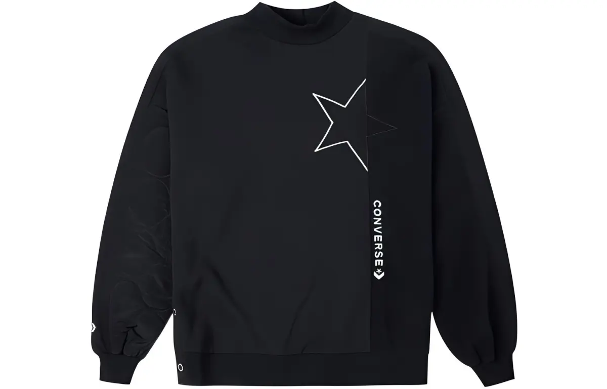 Converse Logo Printed Pattern Fleece Lined Crew Neck Pullover Long Sleeved Sweatshirt Women's Black