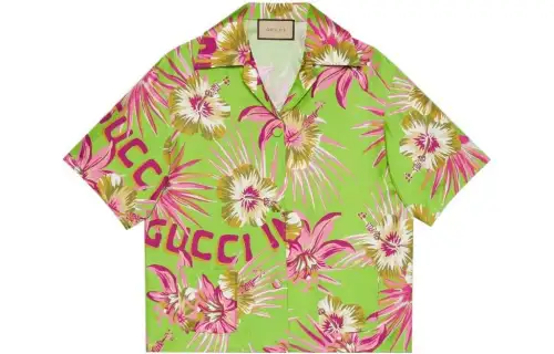 GUCCI Printed Silk Bowling Shirt Green/Pink