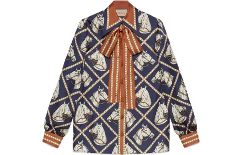【Previous Season】equestrian-print silk pussy-bow blouse