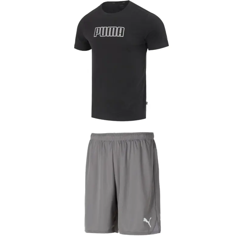 PUMA Casual Sportswear Men's Clothing Set Black Top+Gray Shorts Crew Neck Moderate