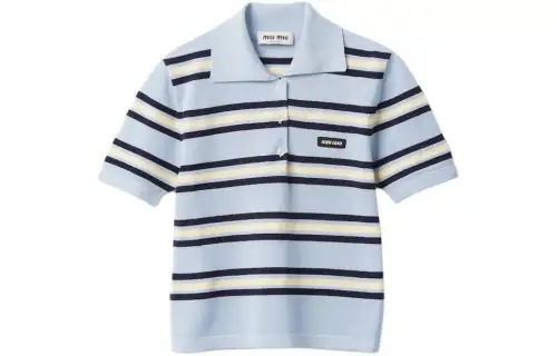 MIU MIU Miu Miu Silk And Cotton Knit Polo Shirt Striped Print Short Sleeve Polo Shirt Women's Blue
