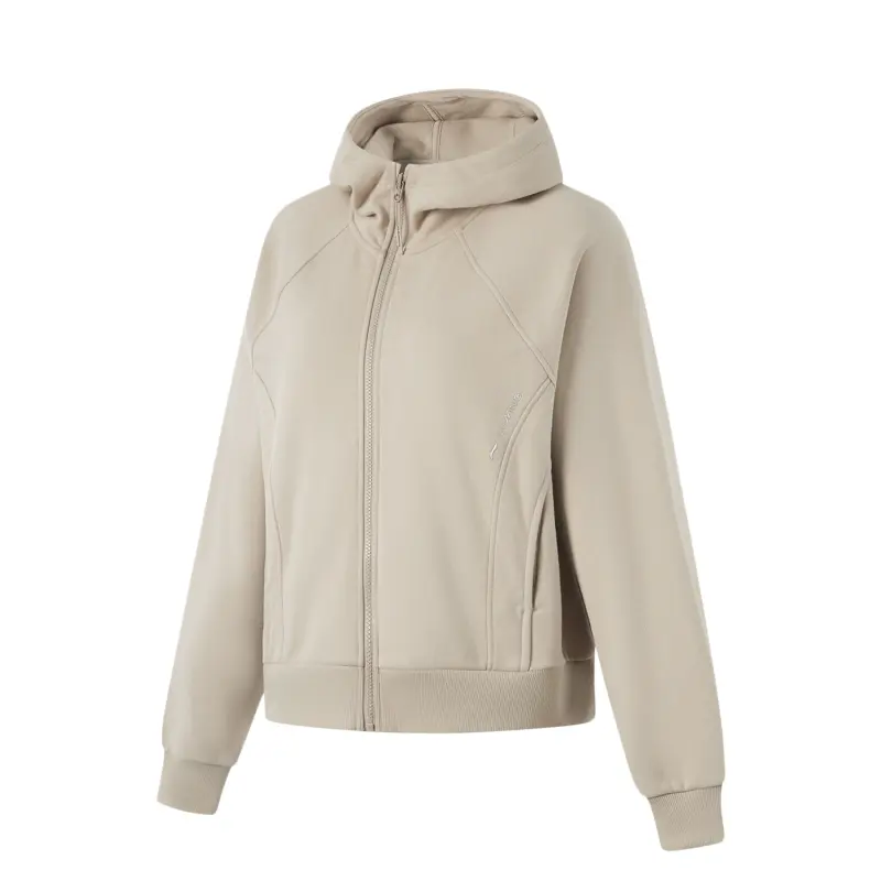 Li Ning Fitness Series Fleece Lined Thermal Hooded Cardigan Raglan Long Sleeved Sweatshirt Women's Dusty Gray