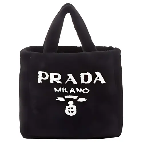 PRADA Embroidered Flower Shearling Tote Handbag Large Women's Black