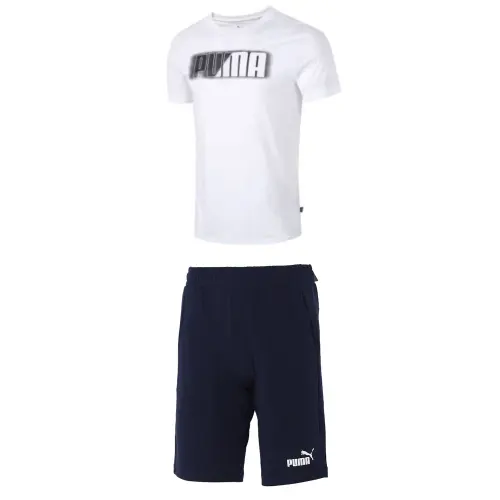 PUMA Casual Sportswear Men's Set White Short Sleeved T Shirt+Blue Shorts Crew Neck Moderate