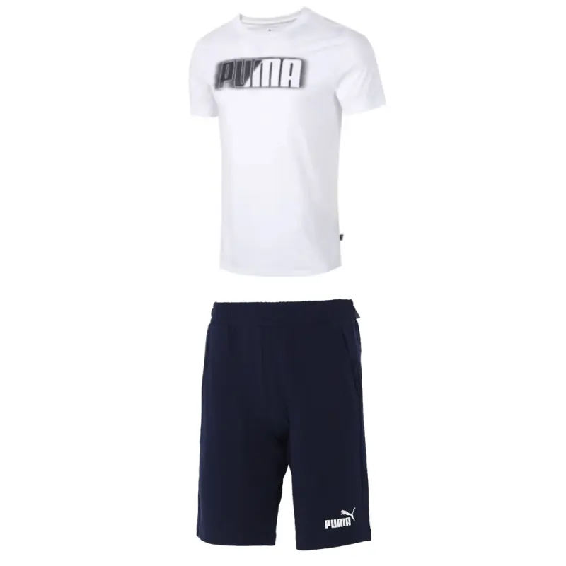 PUMA Casual Sportswear Men's Set White Short Sleeved T Shirt+Blue Shorts Crew Neck Moderate