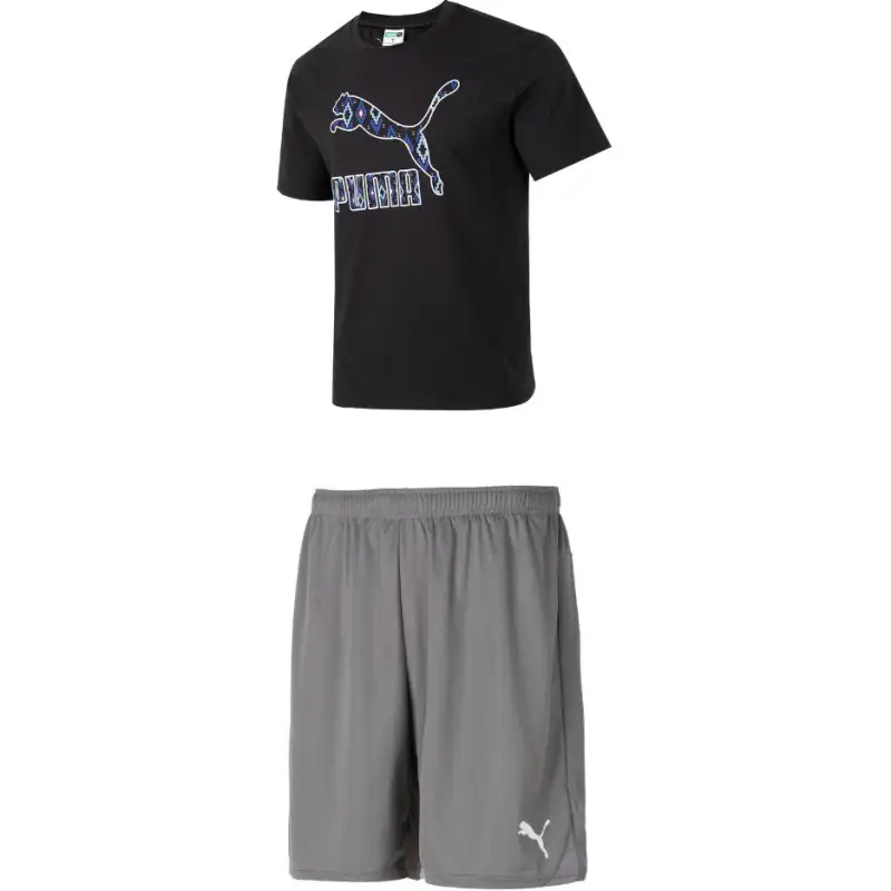 PUMA Casual Sportswear Men's Clothing Set Black Top+Gray Shorts Crew Neck Moderate