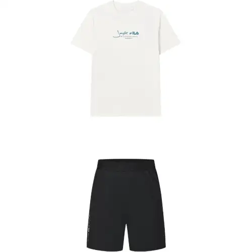 FILA Casual Sportswear Men's Clothing Sets Cloud White Top+Pitch Black Shorts Crew Neck Moderate