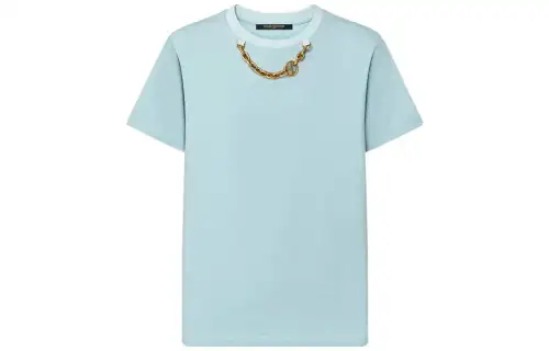 LOUIS VUITTON FW23 Solid Color LV Chain Decoration Short Sleeved T Shirt Women's Lotus Blue