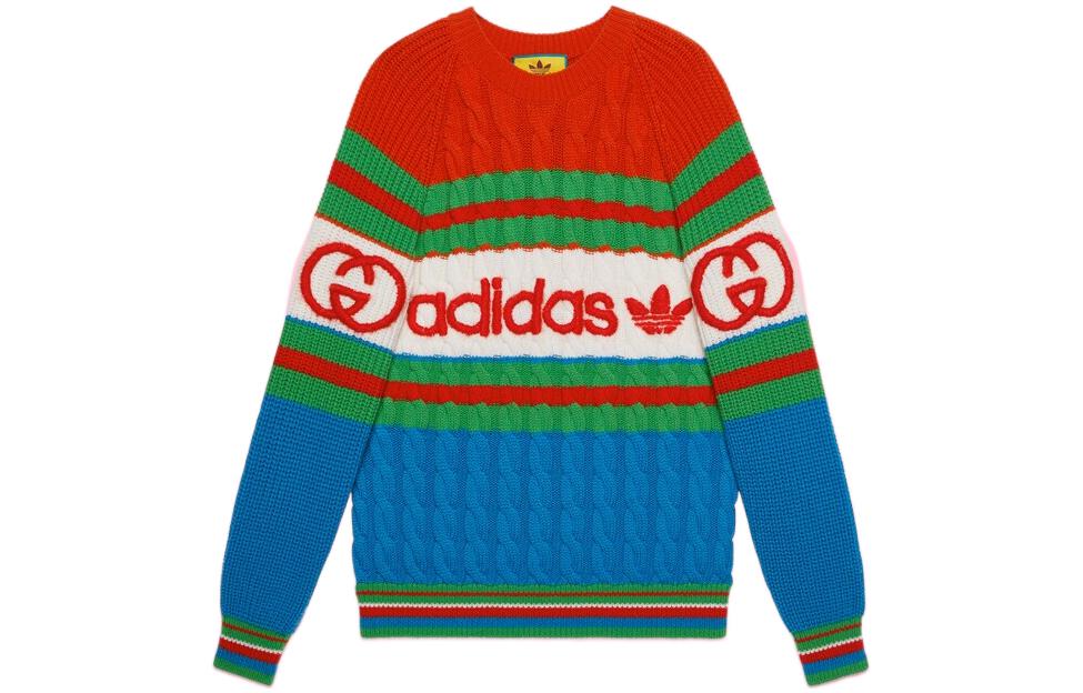 GUCCI Gucci × adidas originals SS23 striped letter jacquard knitted wool sweater women's blue