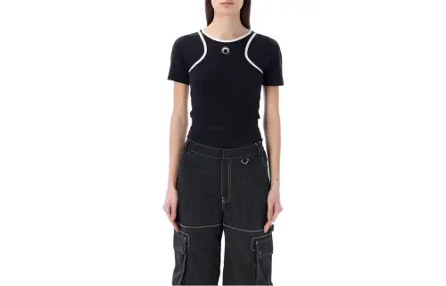 Marine serre SS23 contrasting color slim round neck short-sleeved jumpsuit for women black
