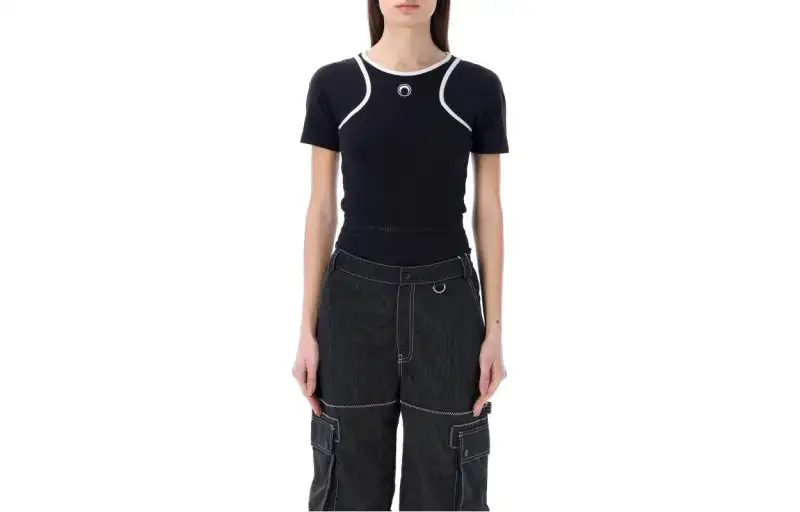 Marine serre SS23 contrasting color slim round neck short-sleeved jumpsuit for women black
