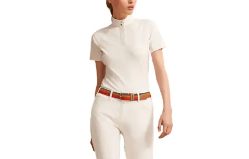 HERMES T Shirts Women's White Stand Collar Moderate Straight Fit