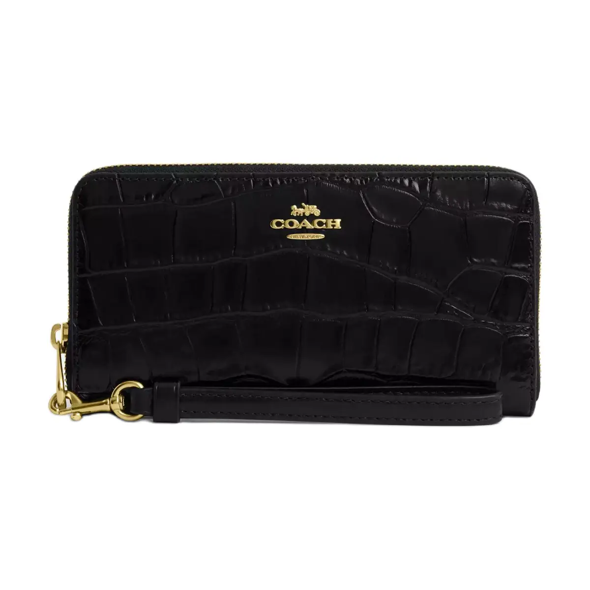 COACH Zip Around Crocodile Embossed Leather Wallets Women's Black
