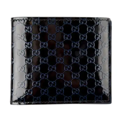 GUCCI Patent Leather Patchwork Leather Short Bifold Wallet Men's Black/Blue