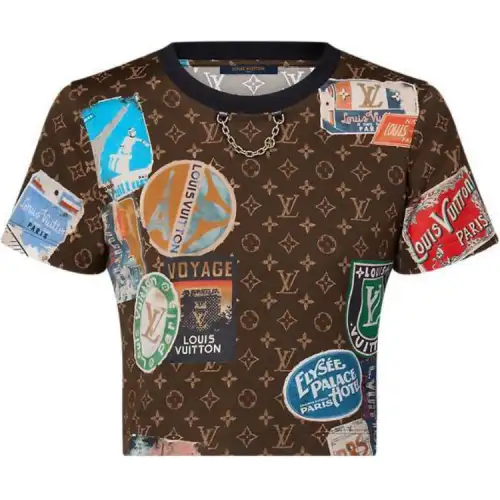 LOUIS VUITTON SS24 Flight Mode Collection Logo Pattern All Over Print Crew Neck Short Sleeved T Shirt Women's Brown