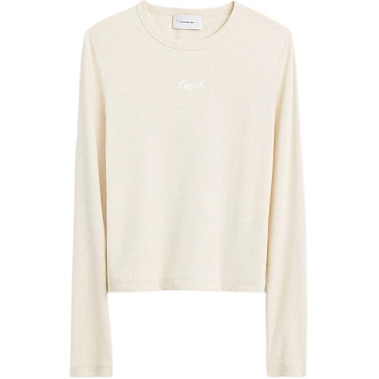 COACH SS24 Solid Color Logo Embroidery Ribbed Long Sleeved T Shirt Women's White