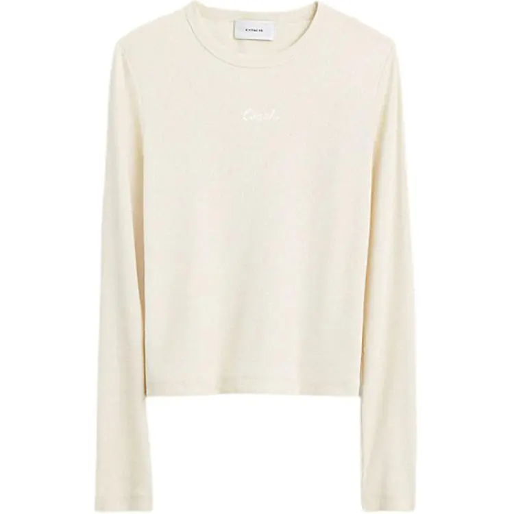 COACH SS24 Solid Color Logo Embroidery Ribbed Long Sleeved T Shirt Women's White