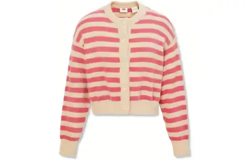 Levis Knitwear Women's Pink White Crew Neck Moderate Cardigan