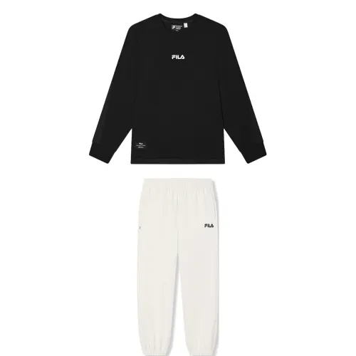 FILA Casual Sportswear Men's Clothing Set Jet Black Top+Steam White Pants Crew Neck Moderate