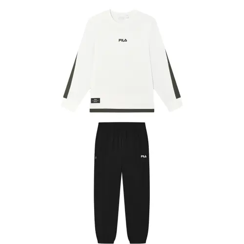 FILA Casual Sportswear Men's Clothing Set Cloud White Top+Jet Black Pants Crew Neck Moderate